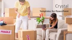  Presentation with flat - PPT theme with young couple moving to new flat with fragile things background and a lemonade colored foreground