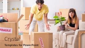  Presentation with flat - Beautiful PPT theme featuring young couple moving to new flat with fragile things backdrop and a coral colored foreground