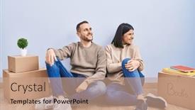  Presentation with new home - PPT theme having young-couple-moving and a coral colored foreground