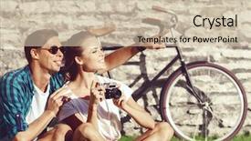  Presentation with love romance - Slide deck having young couple of hipsters taking pictures in a park love relationship romance concept background and a soft green colored foreground