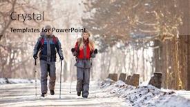  Presentation with hiking - Beautiful PPT theme featuring young couple of mountaineers hiking on winter in nature backdrop and a coral colored foreground