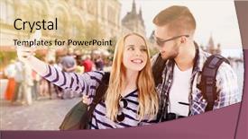  Presentation with selfie - Slide deck with young couple of travelers taking selfie on the street outdoors background and a lemonade colored foreground