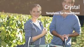  Presentation with vine wine - Theme having young couple of wine-growers walking in vine rows background and a coral colored foreground