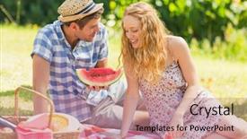  Presentation with picnic - PPT layouts consisting of young couple on a picnic background and a coral colored foreground