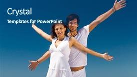  Presentation with summer sun - Audience pleasing slide set consisting of young couple on the ocean beach enjoying their summer vacation arms stretched out towards the sun as a symbol of freedom backdrop and a ocean colored foreground