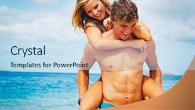  Presentation with tropical beach party - Theme featuring young couple on tropical beach background and a sky blue colored foreground
