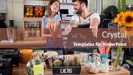  Presentation with announcement - Cool new presentation theme with young-couple-opening backdrop and a coral colored foreground