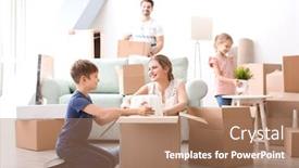  Presentation with young children - PPT theme with young couple packing boxes with their children indoors happy family on moving day background and a coral colored foreground