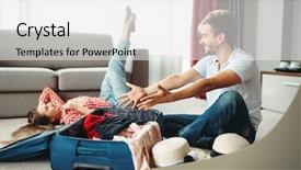  Presentation with vacation - Slide deck featuring young couple packing their suitcases background and a white colored foreground