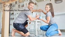  Presentation with upcycling - Amazing PPT layouts having young-couple-painting-chair backdrop and a coral colored foreground