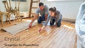  Presentation with new home - Beautiful presentation design featuring young-couple-painting-the-parquet backdrop and a coral colored foreground