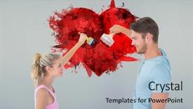  Presentation with painting - Presentation having young couple painting with brushes against room with wooden floor background and a light blue colored foreground