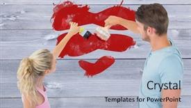  Presentation with bleached - Colorful slides enhanced with young couple painting with brushes against bleached wooden planks background backdrop and a light blue colored foreground