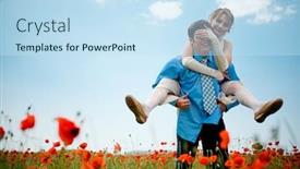  Presentation with young children playing multicultural - Colorful PPT theme enhanced with young couple playing at poppy field outdoors on blue sky background backdrop and a sky blue colored foreground