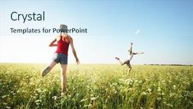  Presentation with frisbee - PPT layouts with young couple playing frisbee on a green meadow with grass on clear blue sky background background and a sky blue colored foreground