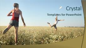  Presentation with frisbee - Cool new PPT theme with young couple playing frisbee on a green meadow with grass on clear blue sky background backdrop and a light blue colored foreground