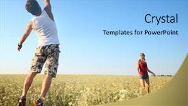  Presentation with frisbee - Colorful PPT layouts enhanced with young couple playing frisbee on a green meadow with grass on clear blue sky background backdrop and a light blue colored foreground