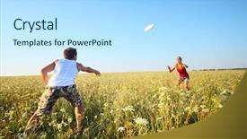  Presentation with frisbee - Theme with young couple playing frisbee on a green meadow with grass on clear blue sky background background and a light blue colored foreground