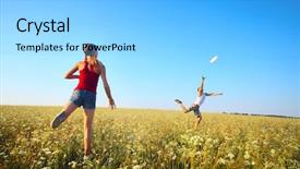  Presentation with frisbee - Audience pleasing slides consisting of young couple playing frisbee on a green meadow with grass on clear blue sky background backdrop and a light blue colored foreground