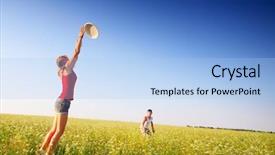  Presentation with frisbee - Colorful slide set enhanced with young couple playing frisbee on a green meadow with grass on clear blue sky background backdrop and a light blue colored foreground