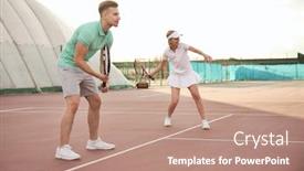  Presentation with court - Colorful PPT layouts enhanced with young couple playing tennis on court backdrop and a coral colored foreground