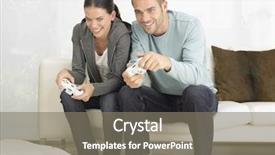  Presentation with kids video game addiction - PPT theme featuring young couple playing video game background and a gray colored foreground