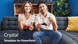  Presentation with controller - PPT theme having young-couple-playing-video-game background and a ocean colored foreground