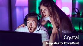  Presentation with video games playing - PPT layouts featuring young-couple-playing-video-games background and a navy blue colored foreground