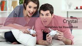 Presentation with video game - Presentation theme having young couple playing video games background and a coral colored foreground