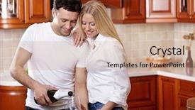  Presentation with champagne - Slides featuring young couple pours champagne in kitchen background and a coral colored foreground