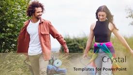  Presentation with music festival - Beautiful PPT theme featuring young couple pulling trolley filled with camping equipment through field to music festival backdrop and a coral colored foreground