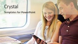  Presentation with journey - Colorful PPT theme enhanced with young couple reading e book on train journey backdrop and a lemonade colored foreground