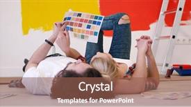  Presentation with young happy couple - Audience pleasing presentation design consisting of young couple relaxing after painting backdrop and a violet colored foreground