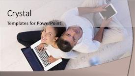  Presentation with brainstorming top view - Theme enhanced with young couple relaxing at home background and a light gray colored foreground