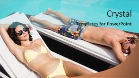  Presentation with swimming pool - Presentation theme consisting of young couple relaxing near swimming pool enjoying holiday background and a light blue colored foreground