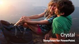  Presentation with mountain top - Cool new PPT theme with young couple relaxing on top of a mountain and enjoying sunrise backdrop and a wine colored foreground