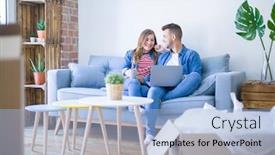  Presentation with young happy couple - Presentation enhanced with young-couple-relaxing-sitting background and a light blue colored foreground