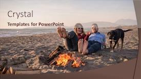  Presentation with beer bottle - Amazing theme having young couple relaxing by the fire drinking a beer or a drink from the bottle on the beach at autumn day backdrop and a lemonade colored foreground