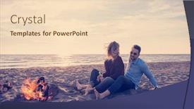  Presentation with beer bottle - Theme with young couple relaxing by the fire drinking a beer or a drink from the bottle on the beach at autumn day background and a lemonade colored foreground