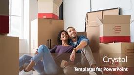  Presentation with young happy couple - Slides featuring young-couple-resting-after-moving background and a tawny brown colored foreground