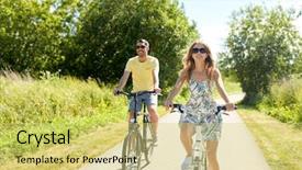  Presentation with young happy couple - Amazing PPT theme having young couple riding bicycles along backdrop and a yellow colored foreground