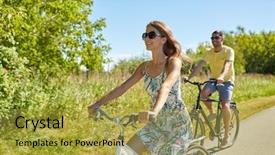  Presentation with young happy couple - Cool new PPT theme with young couple riding bicycles along backdrop and a yellow colored foreground