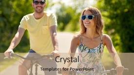  Presentation with young happy couple - Presentation theme with young couple riding bicycles along background and a coral colored foreground