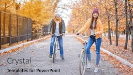  Presentation with bicycles - Theme with young couple riding bicycles in park background and a light gray colored foreground