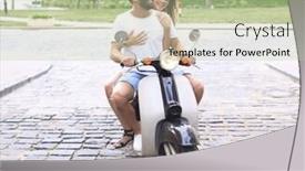  Presentation with motor - PPT theme consisting of young couple riding motor scooter in city background and a mint green colored foreground