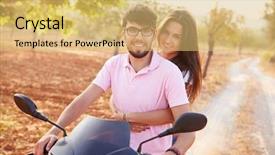  Presentation with motor - Colorful slide set enhanced with young couple riding motor scooter backdrop and a yellow colored foreground