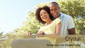  Presentation with seesaw - PPT theme enhanced with young couple riding on seesaw background and a coral colored foreground