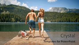  Presentation with togetherness - PPT theme having young-couple-running-toward-water background and a coral colored foreground
