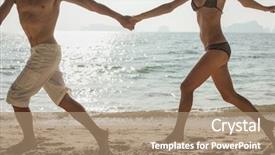  Presentation with tropical beach sunset - Slides consisting of young couple running on a tropical beach at sunset background and a coral colored foreground