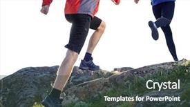  Presentation with running mountains - Presentation theme consisting of young couple running on the rocky trail in the mountains in the morning active lifestyle concept background and a dark gray colored foreground